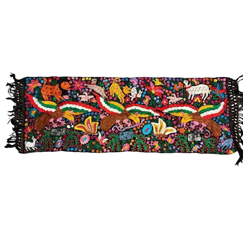 Rare Mexican Traditional Colorful Embroidered Yarn Table Runner 24” x 70”